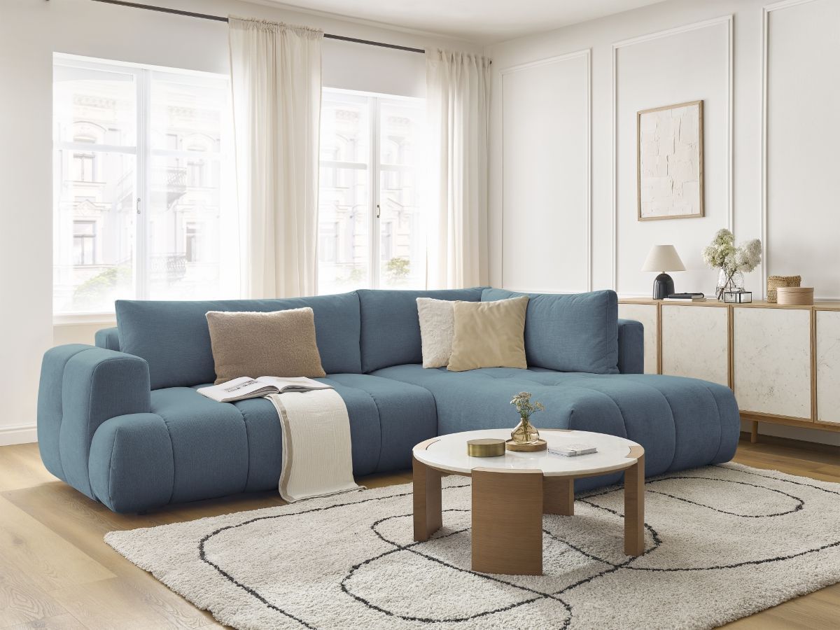 Bobochic Fuji Ecksofa mit Schlaffunktion und Bettkasten 282 × 204 cm Stoff Hellblau Ecke rechts
