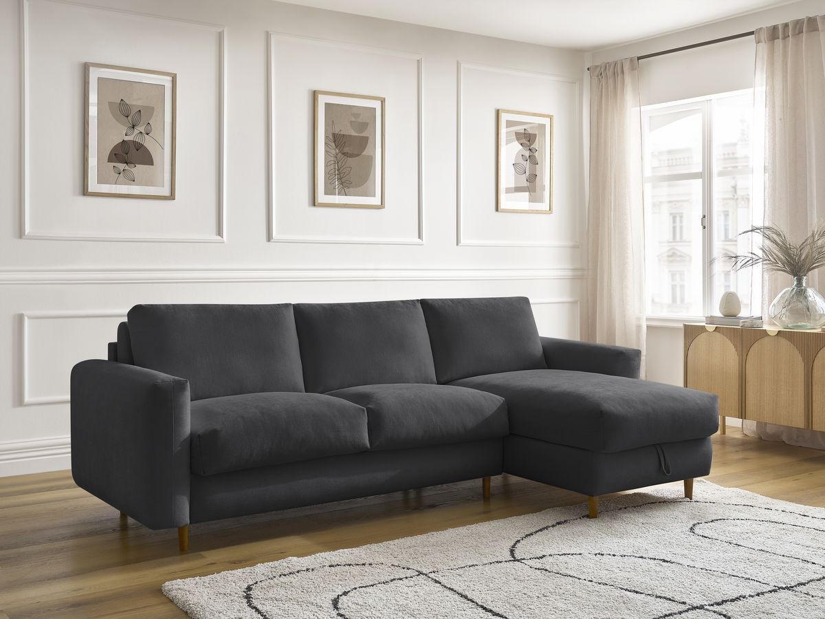 Bobochic Cocoone Ecksofa mit Schlaffunktion und Bettkasten Stoff Schwarz, Liegefläche 160 × 200 cm