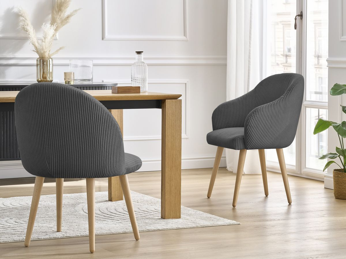 Bobochic Sophie Esszimmerstuhl 2er-Set mit skandinavischen Holzbeinen Cordsamt Dunkelgrau