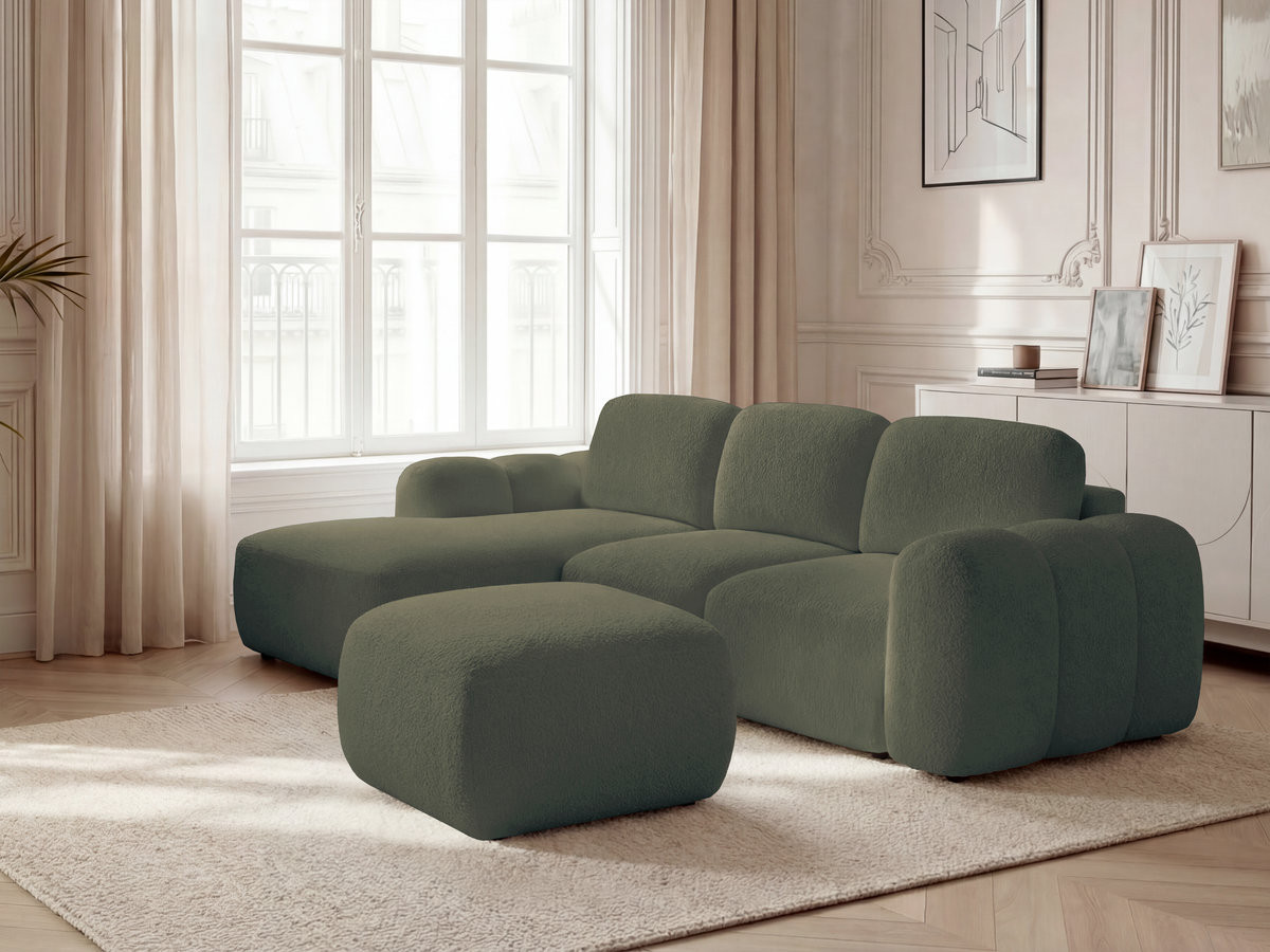 Bobochic Montaigne Ecksofa mit Schlaffunktion und Bettkasten und Pouf 276 × 164 cm Bouclé-Stoff Grün Ecke links