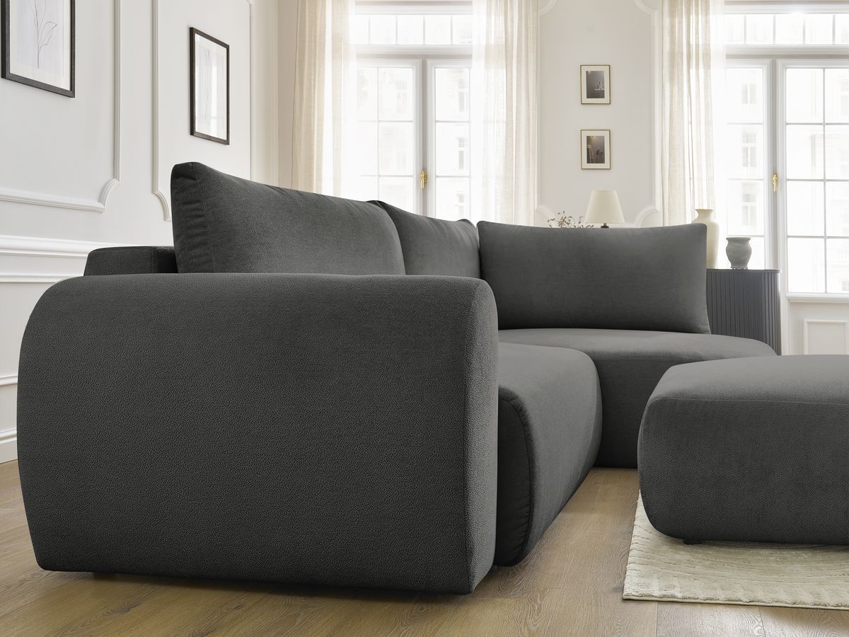 Bobochic Lucien Ecksofa mit Schlaffunktion und Bettkasten und Pouf 296 × 198 cm Stoff Dunkelgrau Ecke rechts