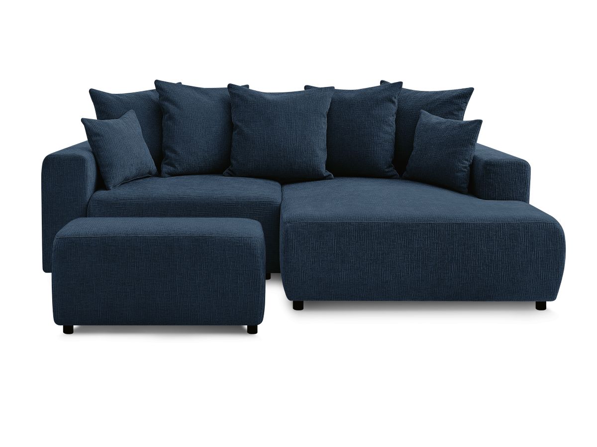 Bobochic Atilla Ecksofa mit Schlaffunktion und Bettkasten und Pouf Strukturstoff Dunkelblau Ecke rechts