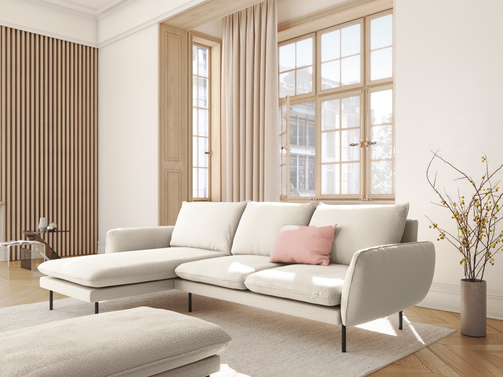 Cosmopolitan Design Ecksofa Vienna 5-Sitzer Boucle Ascot Beige Links Beine Schwarzes Metall