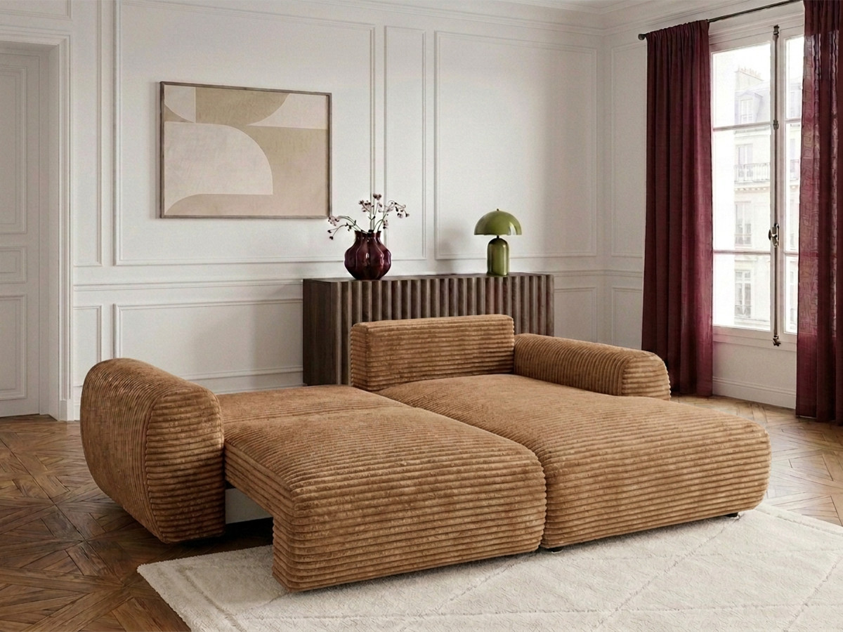Bobochic Lucien Ecksofa mit Schlaffunktion und Bettkasten Breitcord weich Gelb Ecke rechts