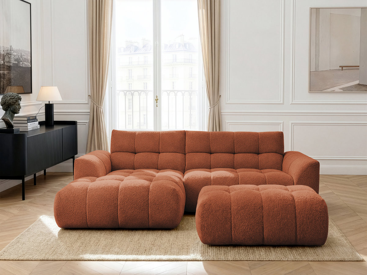 Bobochic Jaya Ecksofa mit Pouf Chenille Orange Ecke links