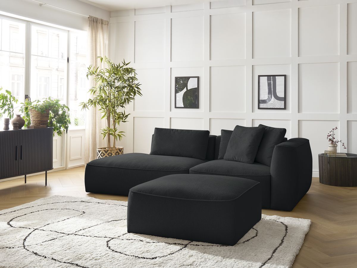 Bobochic Leopold Sofa 4-Sitzer mit Pouf Melange-Stoff Schwarz Armlehne rechts