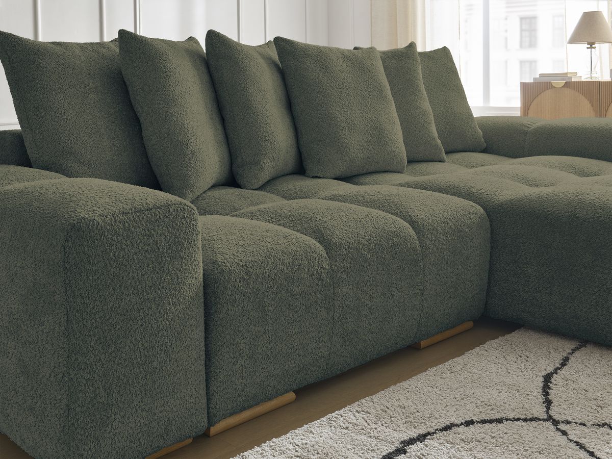 Bobochic Anakin Ecksofa, 6 Kissen Bouclé-Stoff Grün