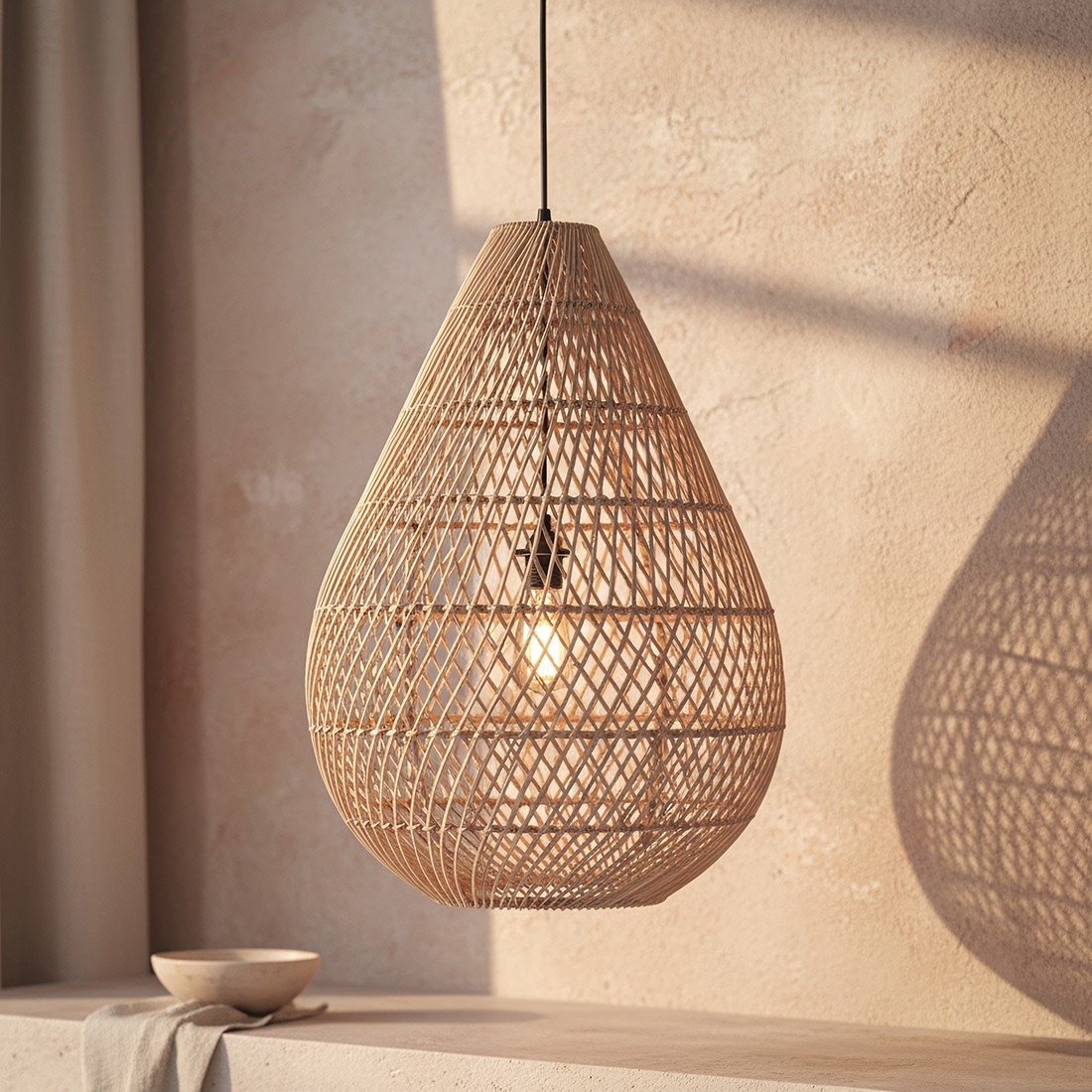 Raw Materials Maze Tropfen-Rattan-Hängelampe natur Ø 45x65cm