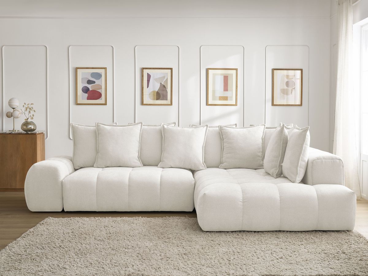 Bobochic Everest Ecksofa mit Schlaffunktion und Bettkasten 320 × 212 cm, 10 Kissen Strukturstoff Weiß Ecke rechts