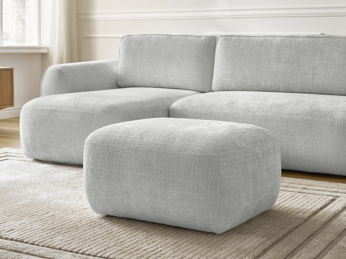 Bobochic Denise Ecksofa mit Schlaffunktion und Bettkasten und Pouf 258 × 160 cm Strukturstoff Hellgrau Ecke links