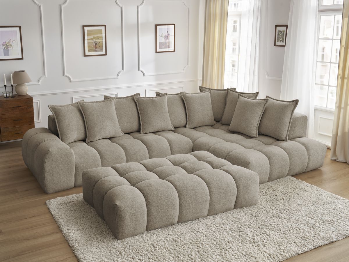 Bobochic Everest Ecksofa mit Schlaffunktion und Pouf, 10 Kissen Melange-Stoff Taupe Ecke rechts