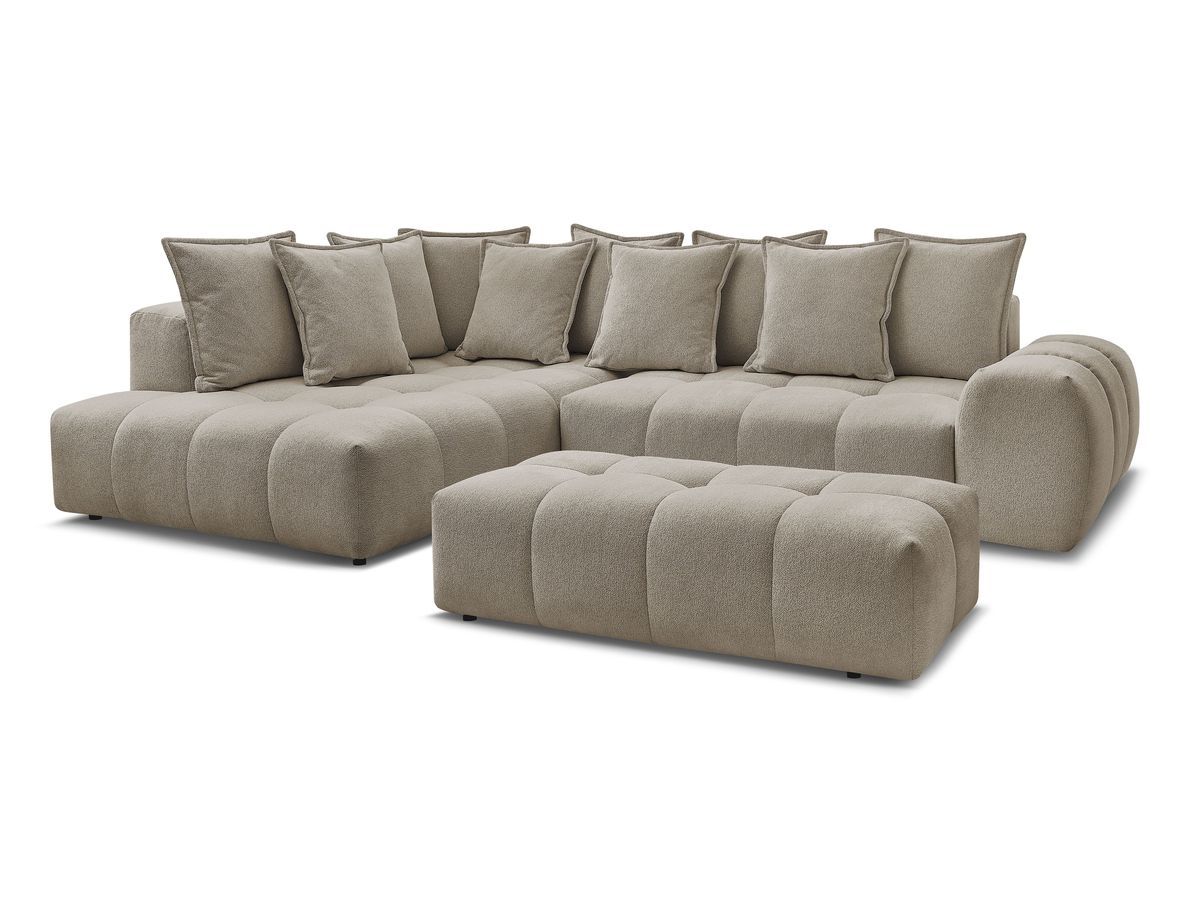 Bobochic Everest Ecksofa mit Schlaffunktion und Bettkasten und Pouf 320 × 212 cm, 10 Kissen Melange-Stoff Taupe Ecke links