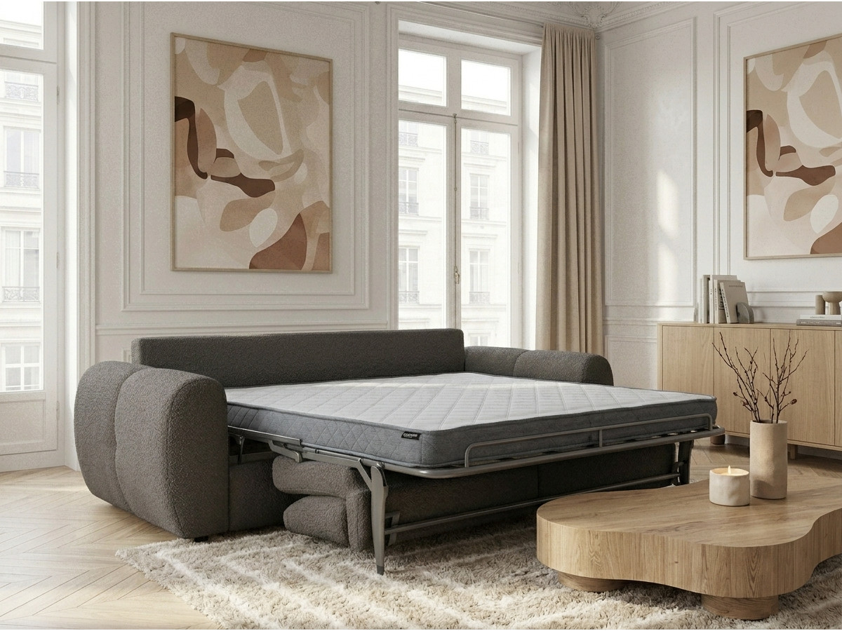 Bobochic Fuji Schlafsofa 3-Sitzer Bouclé-Stoff Dunkelgrau