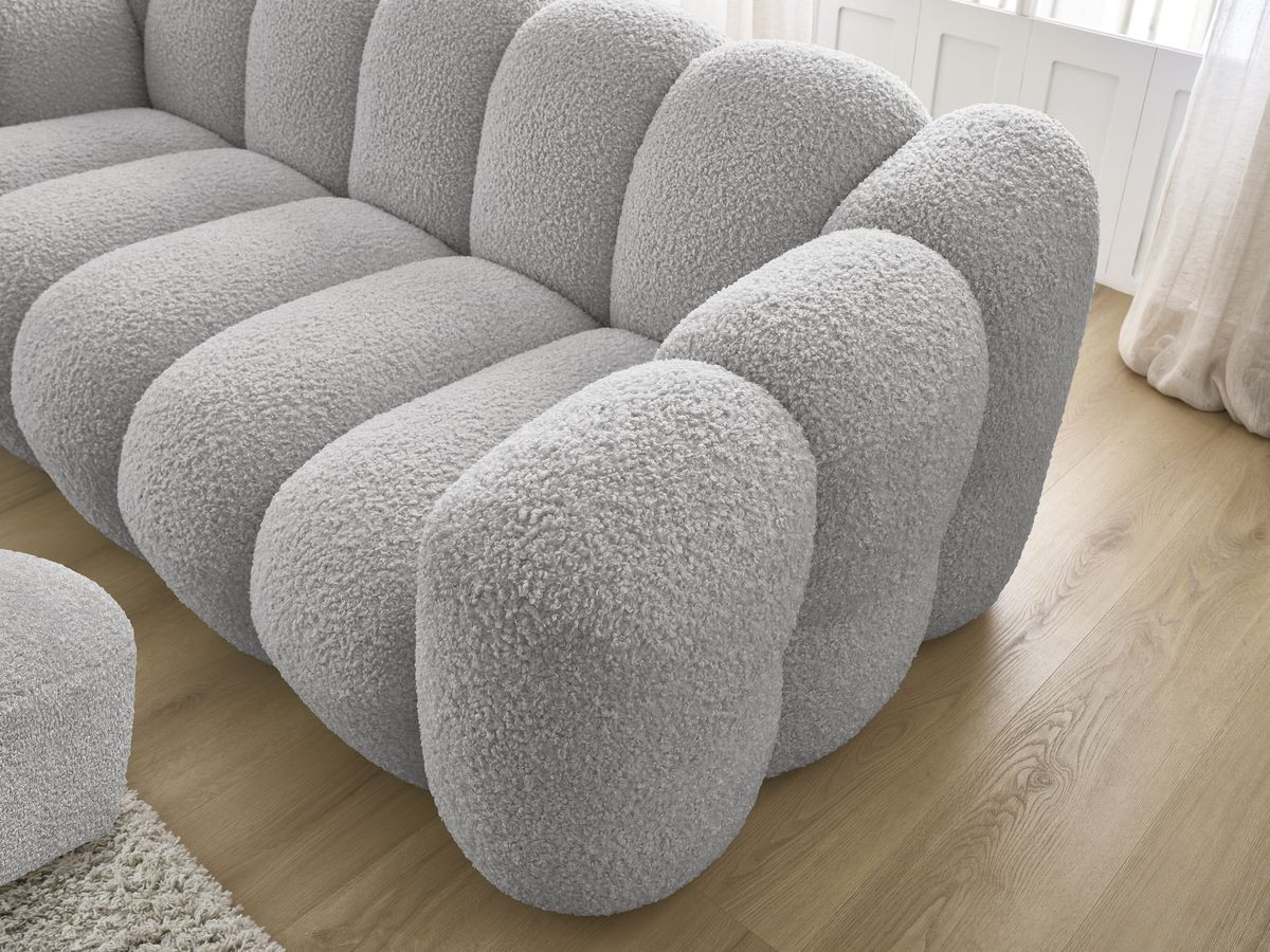 Bobochic Hippolyte Sofa 3-Sitzer mit Pouf Bouclé-Stoff Hellgrau