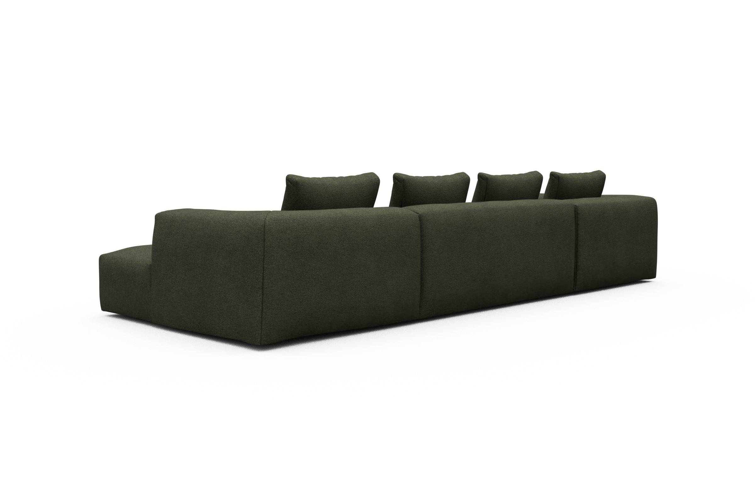 Wohnlandschaft Fred Relax-Ecke links mit 2-Sitzer und Chaiselongue rechts Boucle Skandi 535-Forest-Green