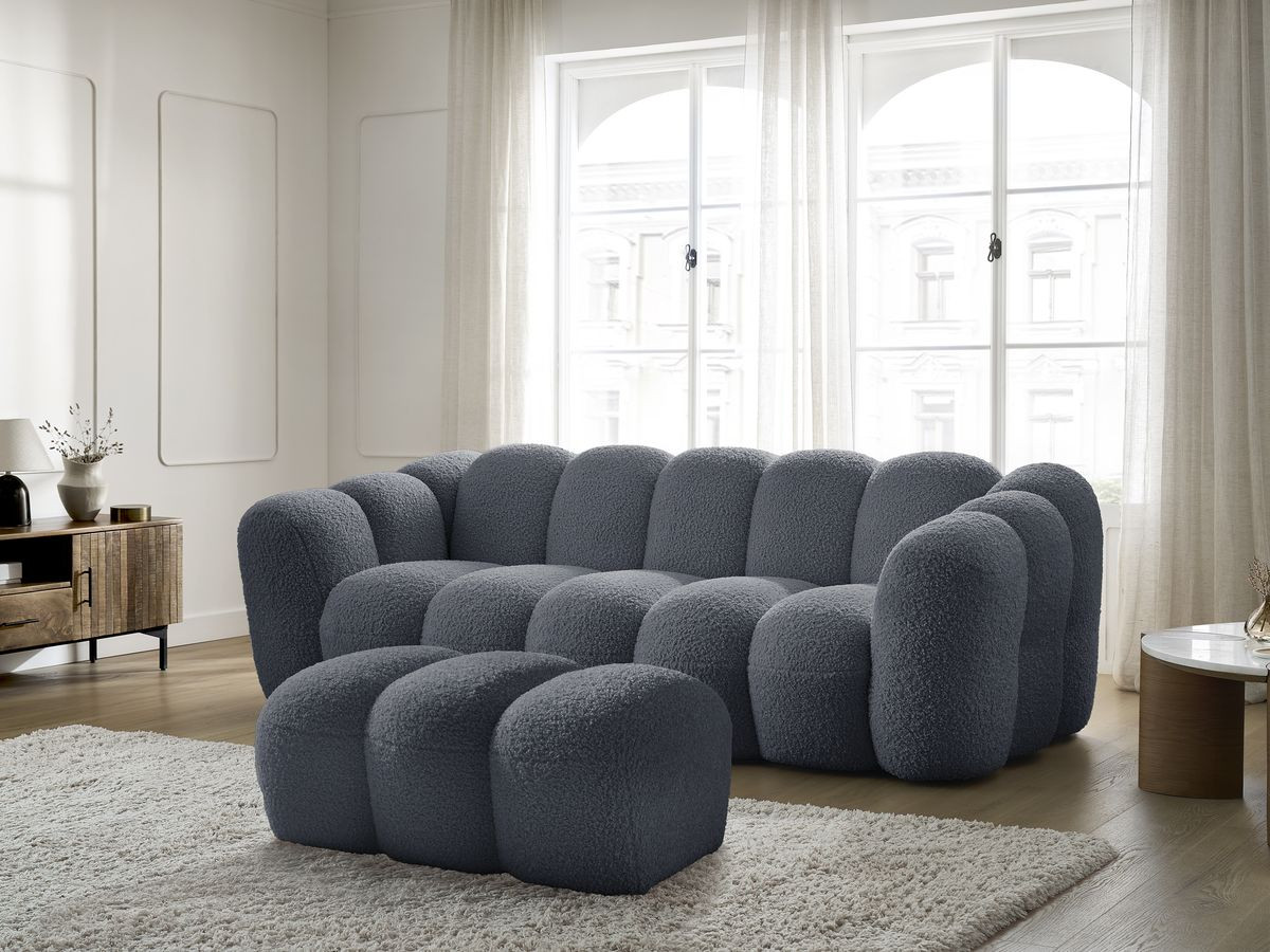 Bobochic Hippolyte Sofa 3-Sitzer mit Pouf Bouclé-Stoff Dunkelgrau