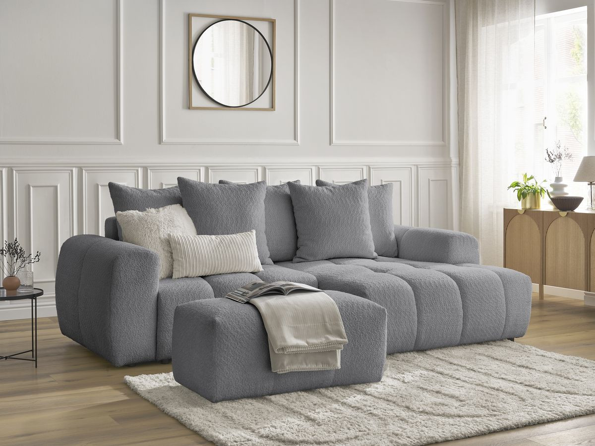 Bobochic Roxelane Ecksofa mit Schlaffunktion und Bettkasten und Pouf 258 × 150 cm Bouclé-Stoff Dunkelgrau Ecke rechts