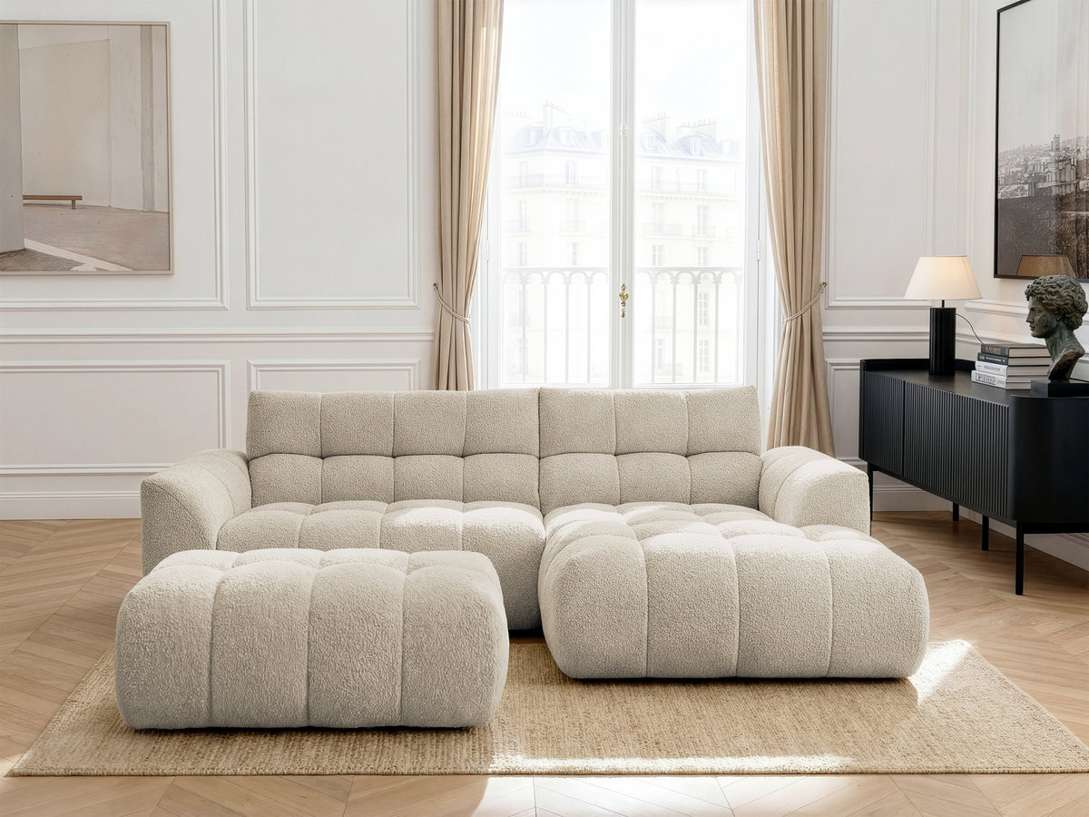Bobochic Jaya Ecksofa mit Pouf Chenille Beige Ecke rechts