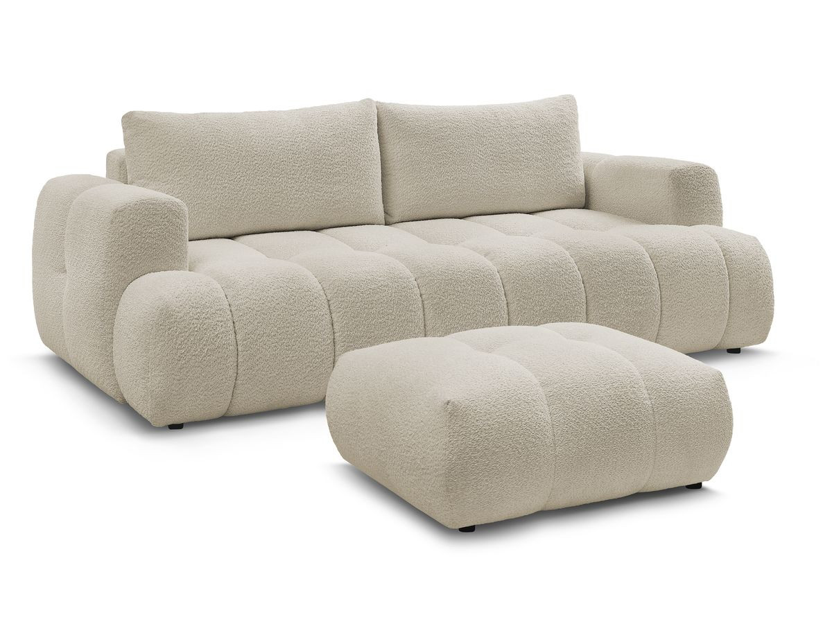 Bobochic Fuji Schlafsofa 3-Sitzer mit Bettkasten und Pouf Bouclé-Stoff Beige