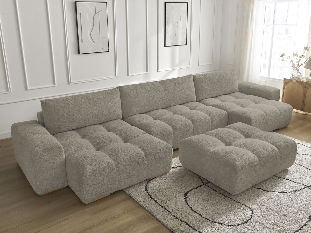 Bobochic Anakin Wohnlandschaft mit Pouf, 3 Kissen Bouclé-Stoff Taupe