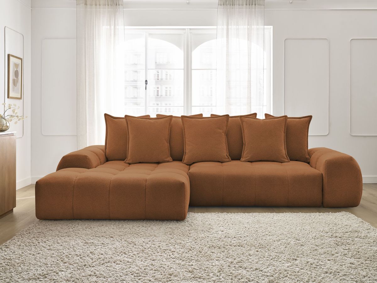 Bobochic Everest Ecksofa mit Schlaffunktion und Bettkasten 318 × 180 cm, 7 Kissen Melange-Stoff Orange Ecke links