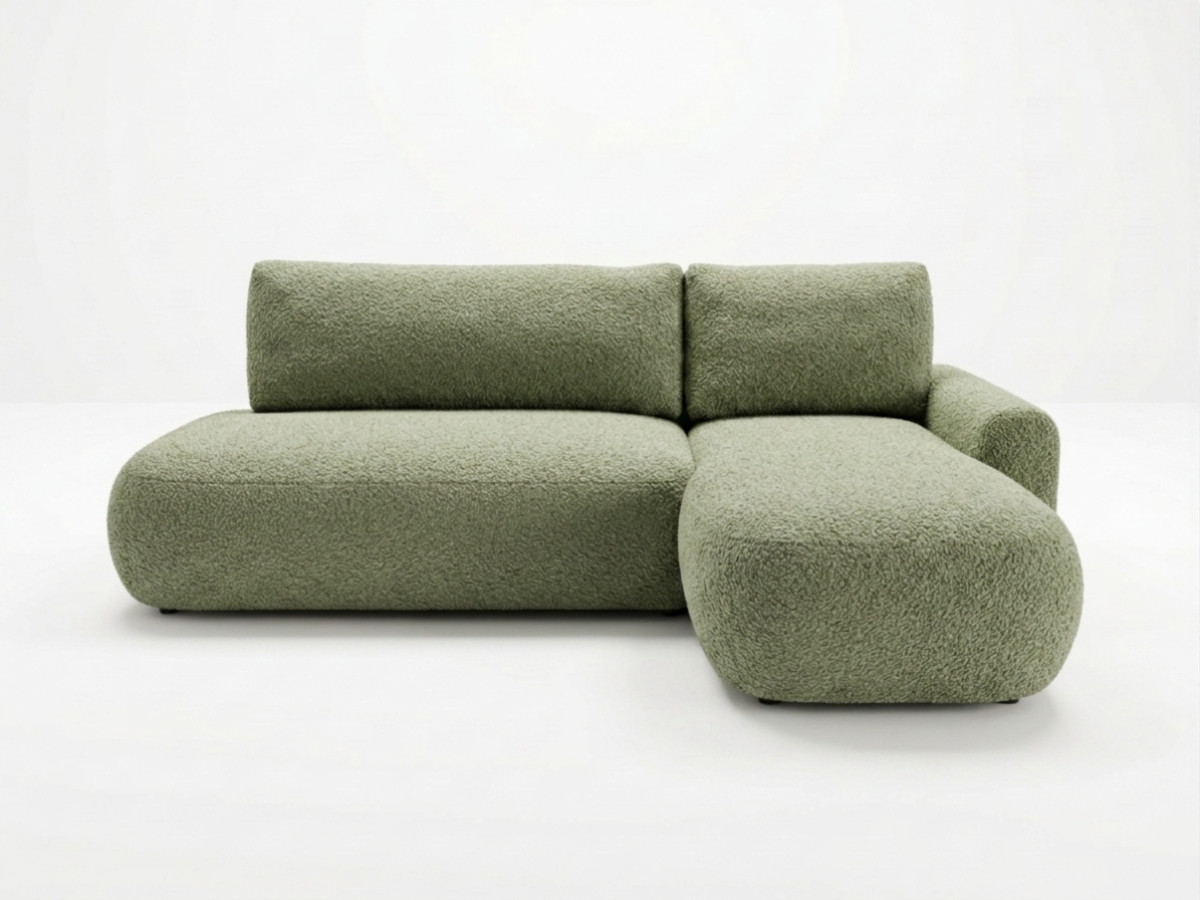 Bobochic Tango Ecksofa mit Schlaffunktion und Bettkasten Bouclé-Stoff Grün Ecke rechts