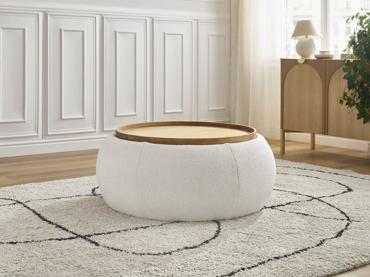 Bobochic Hayden Pouf mit Tablett, rund Bouclé-Stoff Weiß, 87 cm