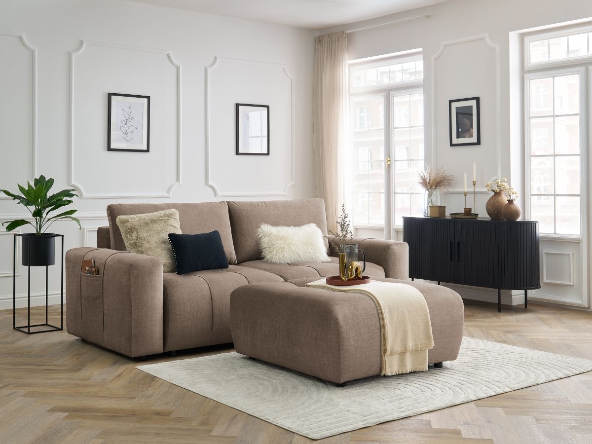 Bobochic Arsene Schlafsofa 4-Sitzer mit Bettkasten und Pouf Samt Taupe