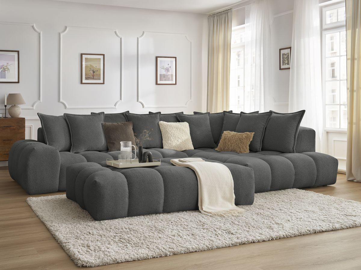 Bobochic Everest Ecksofa mit Schlaffunktion und Pouf, 10 Kissen Melange-Stoff Dunkelgrau Ecke rechts