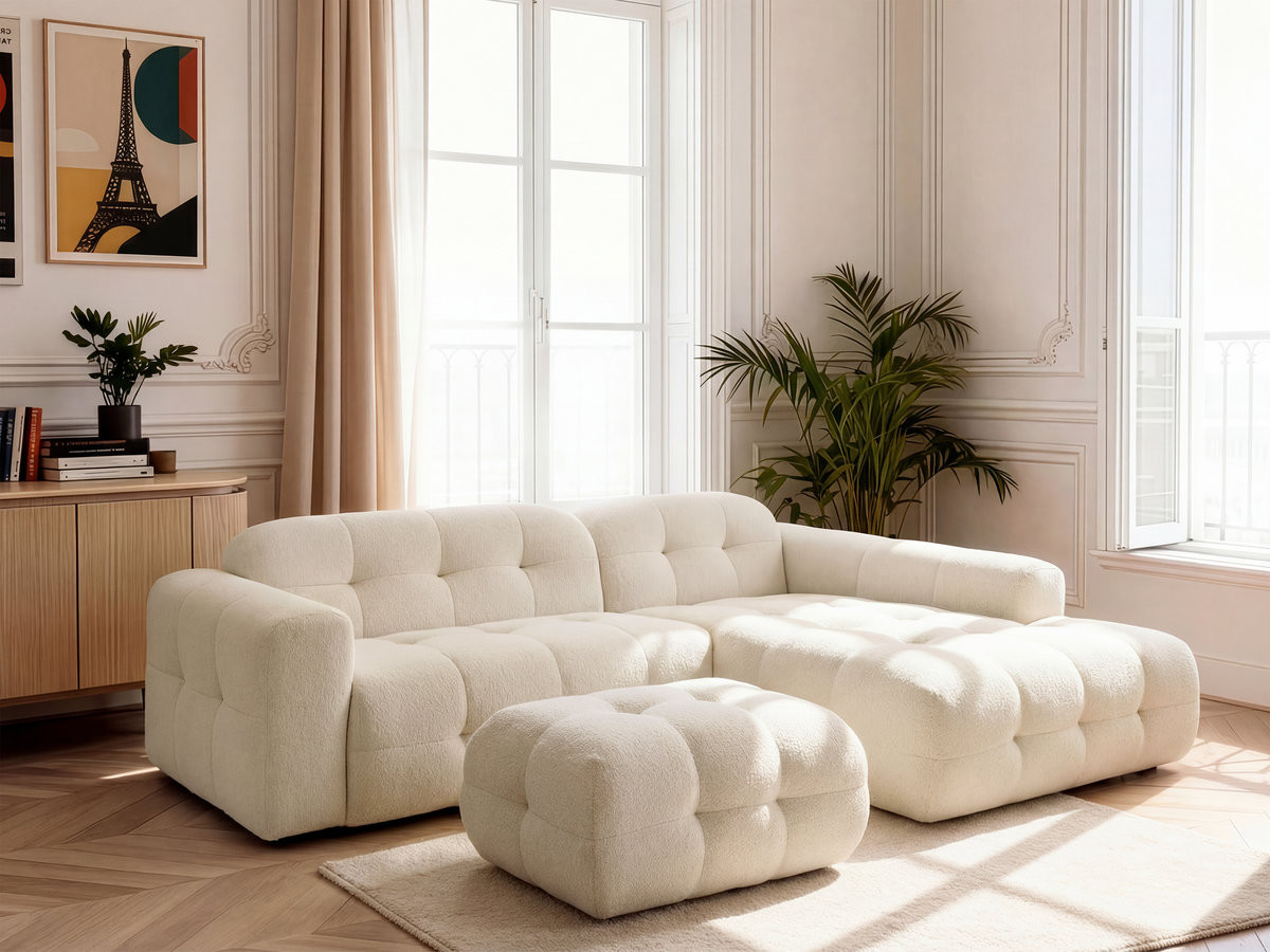 Bobochic Laura Ecksofa mit kleinem Pouf Melange-Stoff Beige Ecke rechts
