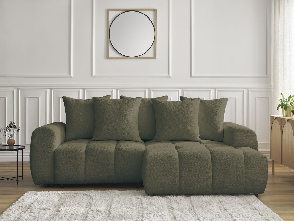 Bobochic Roxelane Ecksofa mit Schlaffunktion und Bettkasten 258 × 150 cm Bouclé-Stoff Grün Ecke rechts