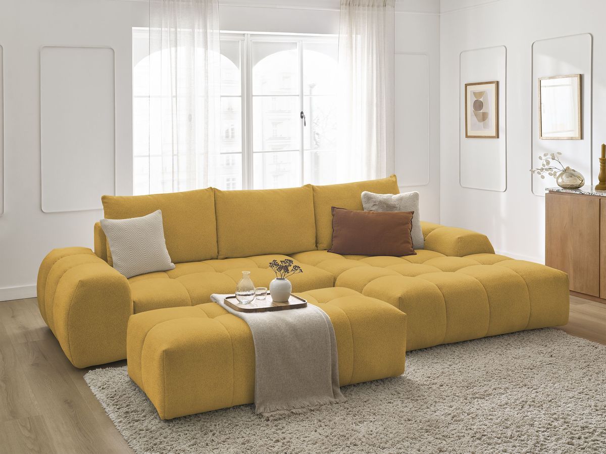 Bobochic Everest Ecksofa mit Schlaffunktion und Bettkasten und Pouf 318 × 180 cm, 3 Kissen Melange-Stoff Gelb Ecke rechts