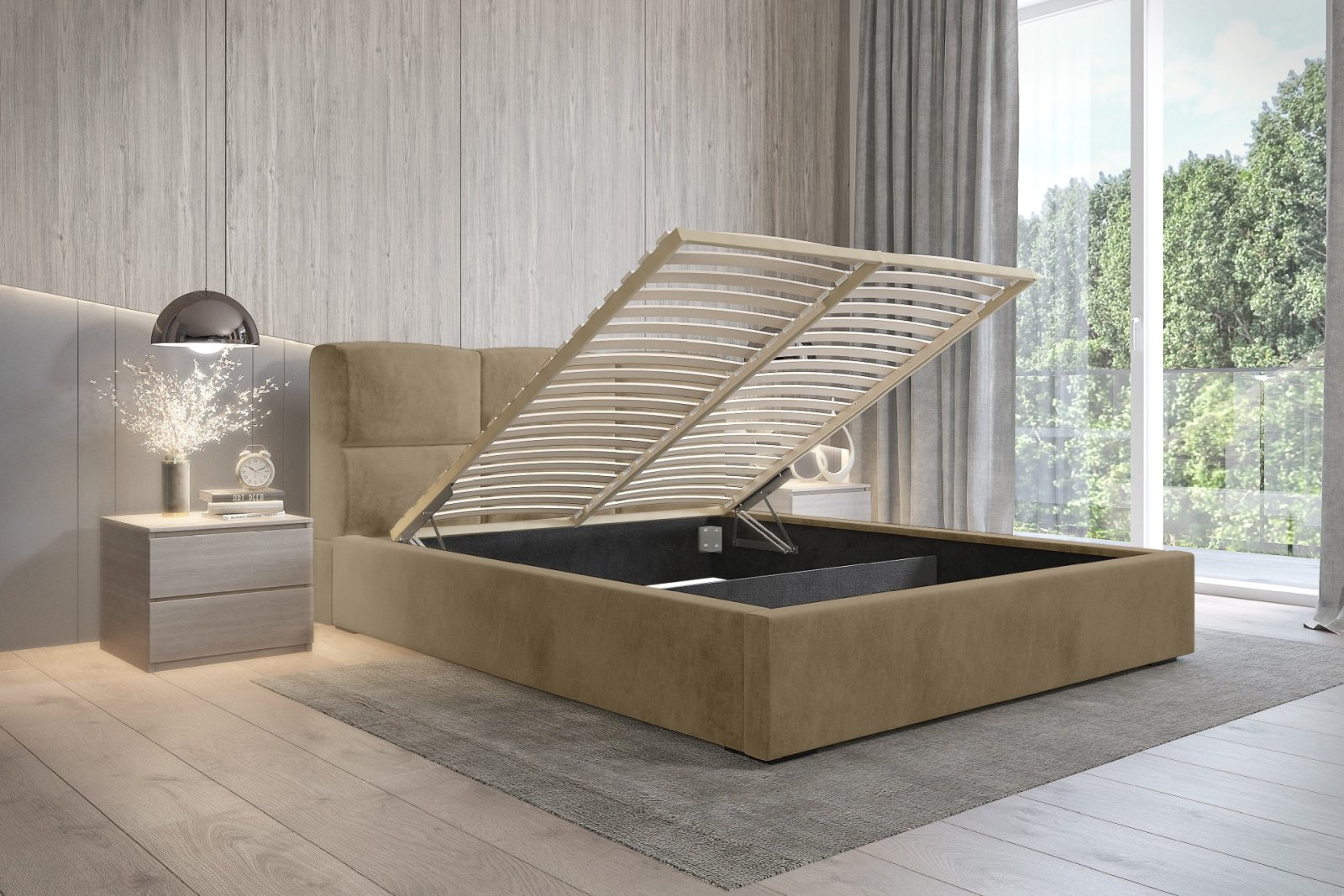 Polsterbett Portoza Samtstoff 180x200 mit Holzrahmen Macau Truffle