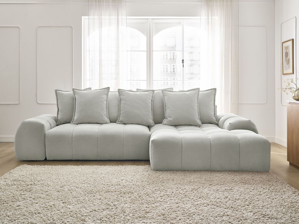 Bobochic Everest Ecksofa mit Schlaffunktion und Bettkasten 318 × 180 cm, 7 Kissen Strukturstoff Hellgrau Ecke rechts