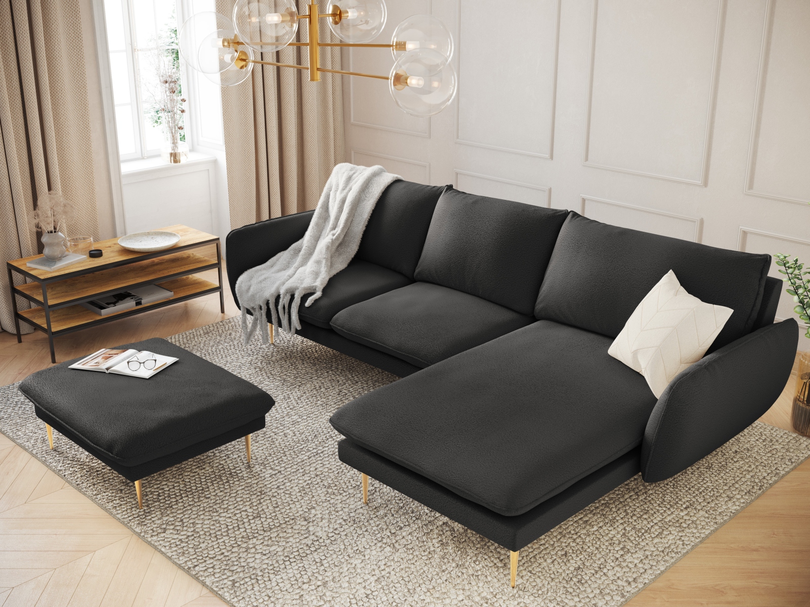 Cosmopolitan Design Ecksofa Vienna 5-Sitzer Boucle Ascot Schwarz Rechts Beine Gold