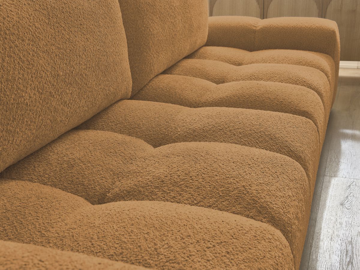 Bobochic Anakin Schlafsofa 3-Sitzer mit Bettkasten und Pouf, 2 Kissen Bouclé-Stoff Gelb