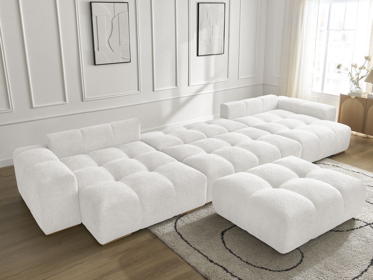 Bobochic Anakin Wohnlandschaft mit Pouf, Liegefläche 137 × 382 cm, 3 Kissen Bouclé-Stoff Weiß