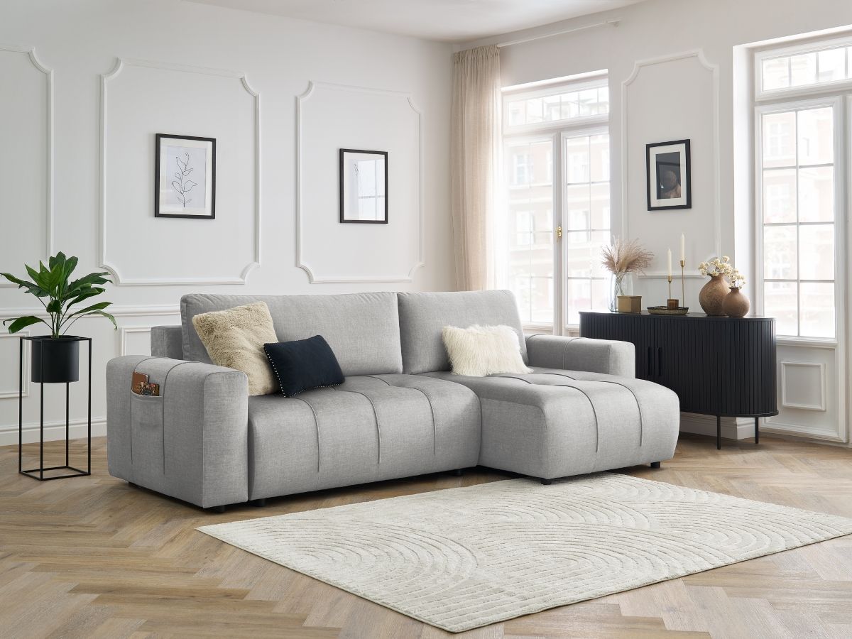 Bobochic Arsene Ecksofa mit Schlaffunktion und Bettkasten 288 × 148 cm Samt Hellgrau