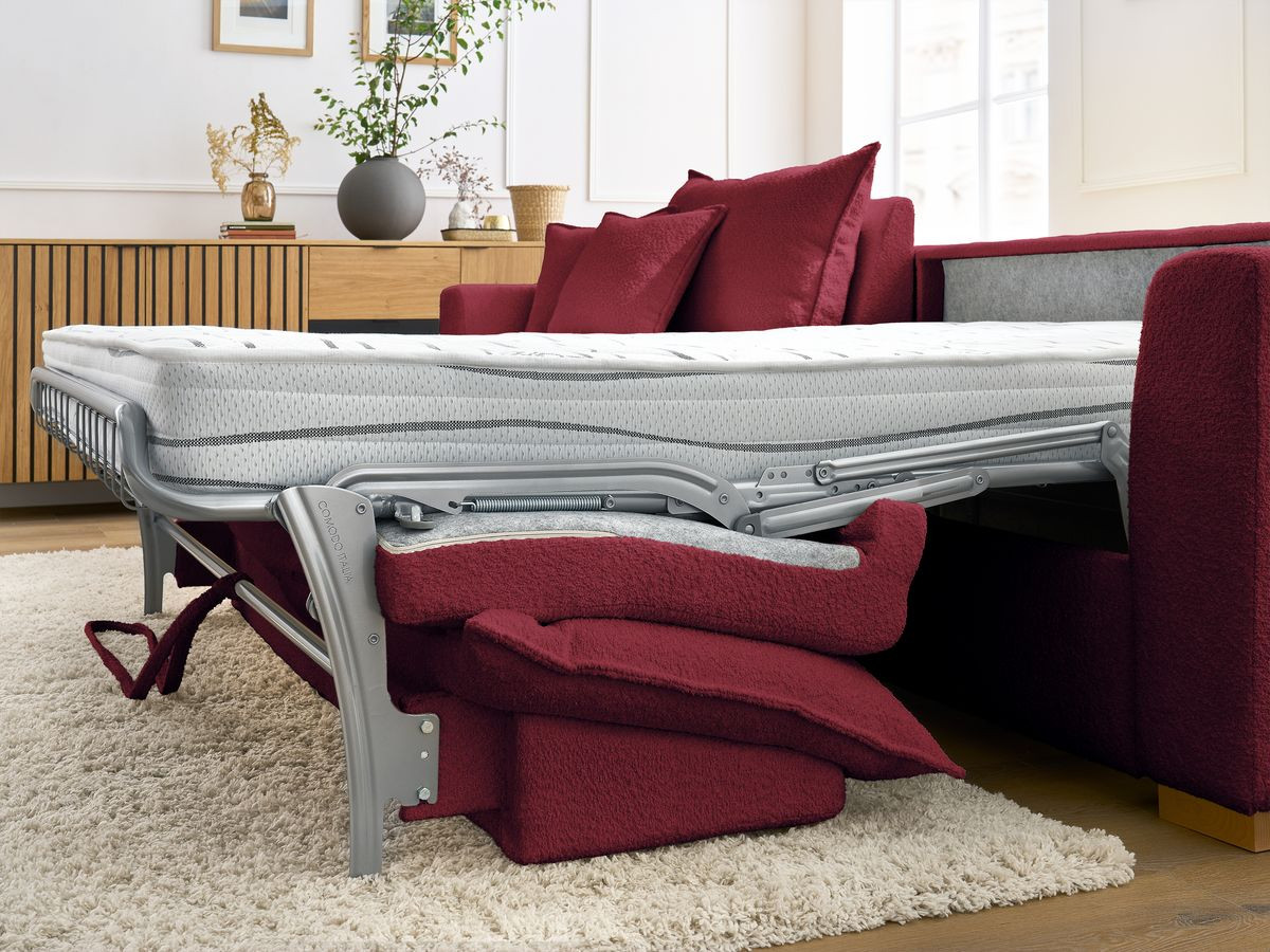 Bobochic Augustin Ecksofa mit Schlaffunktion und Bettkasten Bouclé-Stoff Rot, Liegefläche 160 × 200 cm
