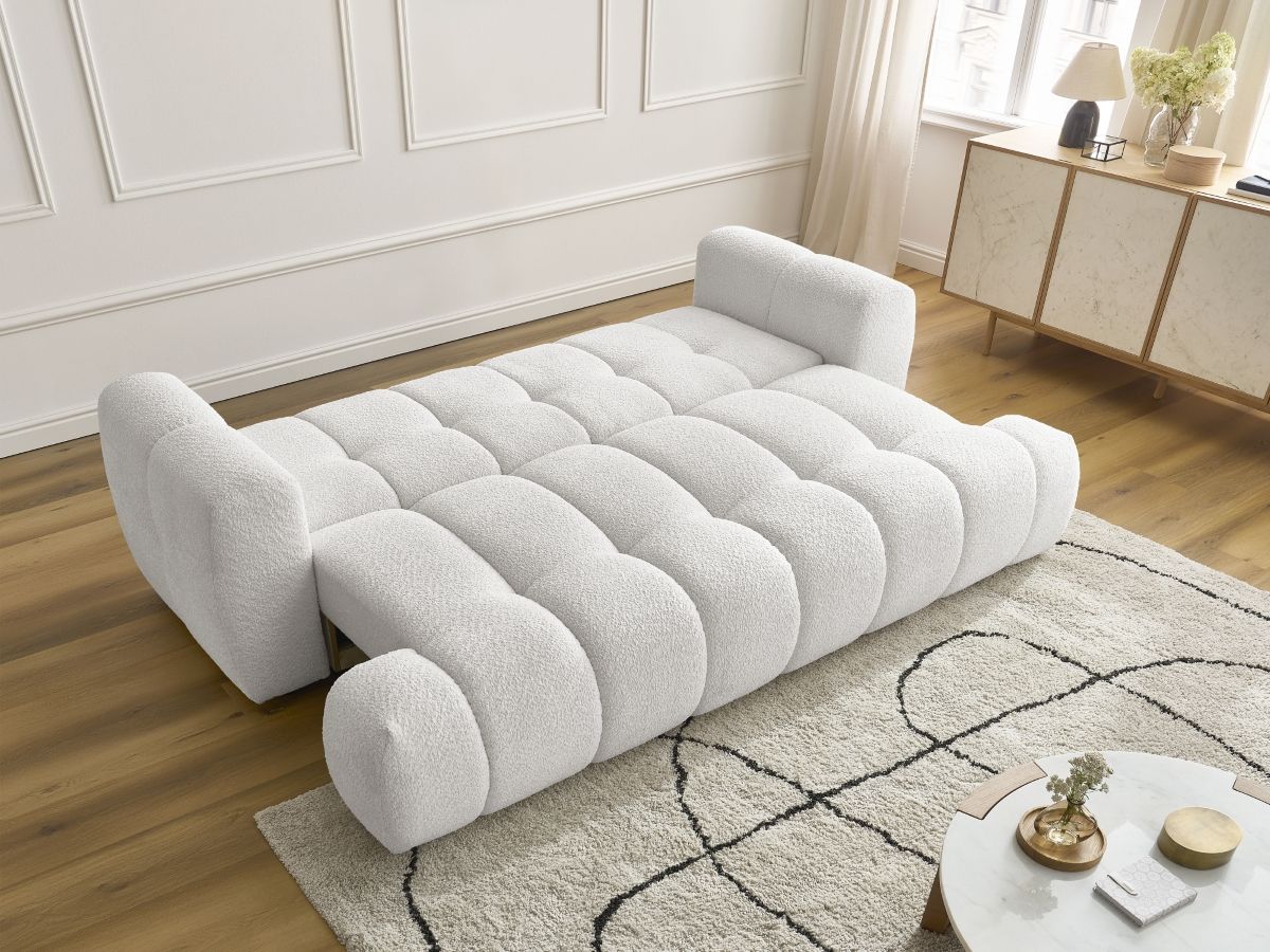 Bobochic Fuji Schlafsofa 3-Sitzer mit Bettkasten Bouclé-Stoff Weiß