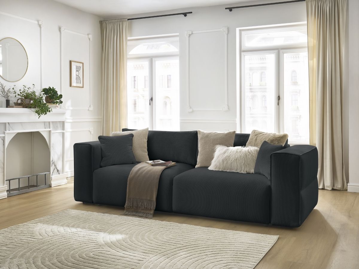 Bobochic Ezechiel Schlafsofa 3-Sitzer mit Bettkasten Melange-Stoff Schwarz