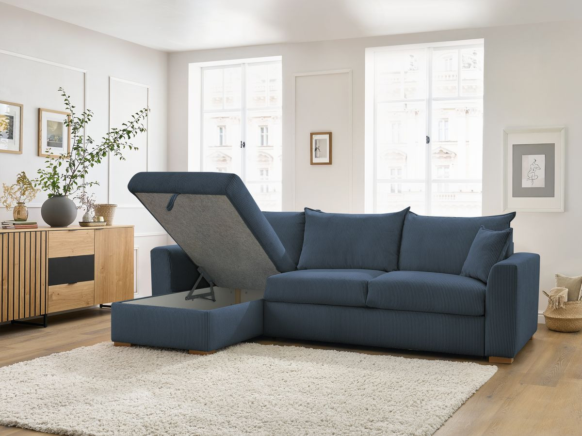 Bobochic Augustin Ecksofa mit Schlaffunktion und Bettkasten Cordsamt Dunkelblau, Liegefläche 140 × 200 cm