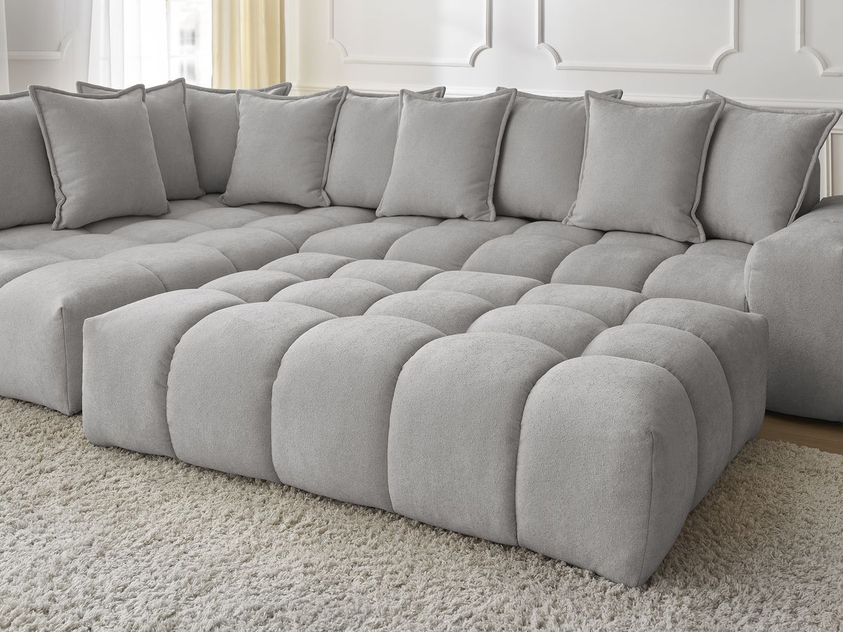 Bobochic Everest Ecksofa mit Schlaffunktion und Pouf, 10 Kissen Strukturstoff Hellgrau Ecke links