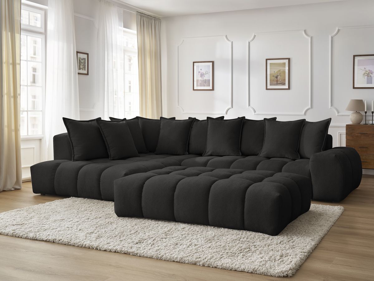 Bobochic Everest Ecksofa mit Schlaffunktion und Pouf, 10 Kissen Strukturstoff Schwarz Ecke links