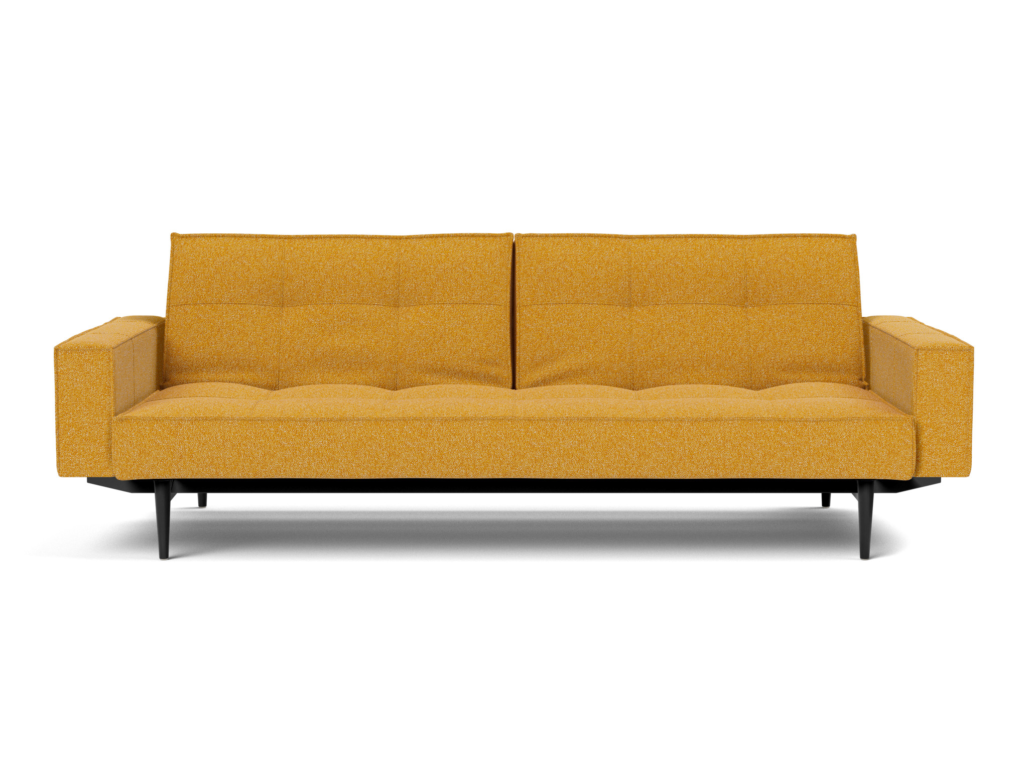 Schlafsofa Splitback mit Armlehnen Boucle Skandi 536-Ochre Beine Styletto Eiche schwarz