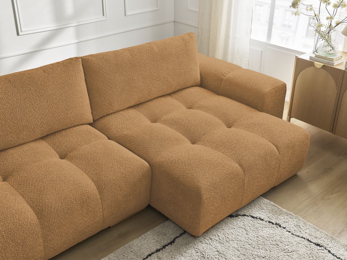 Bobochic Anakin Wohnlandschaft, Liegefläche 137 × 382 cm, 3 Kissen Bouclé-Stoff Gelb