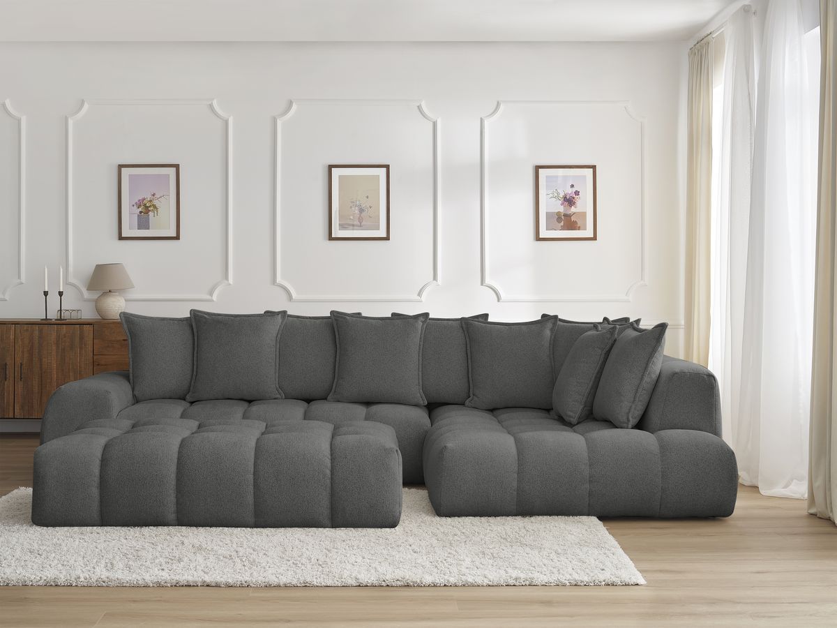 Bobochic Everest Ecksofa mit Schlaffunktion und Pouf, 10 Kissen Melange-Stoff Dunkelgrau Ecke rechts