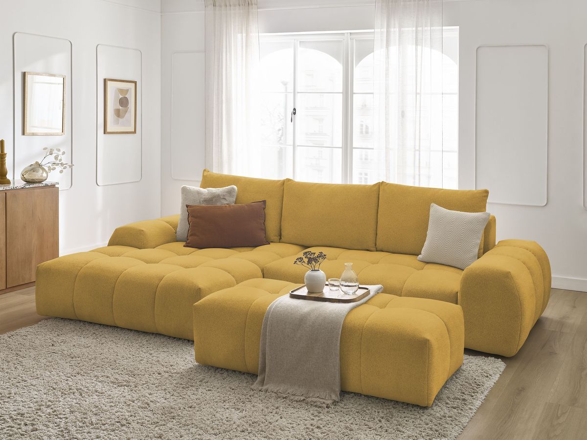 Bobochic Everest Ecksofa mit Schlaffunktion und Bettkasten und Pouf 318 × 180 cm, 3 Kissen Melange-Stoff Gelb Ecke links