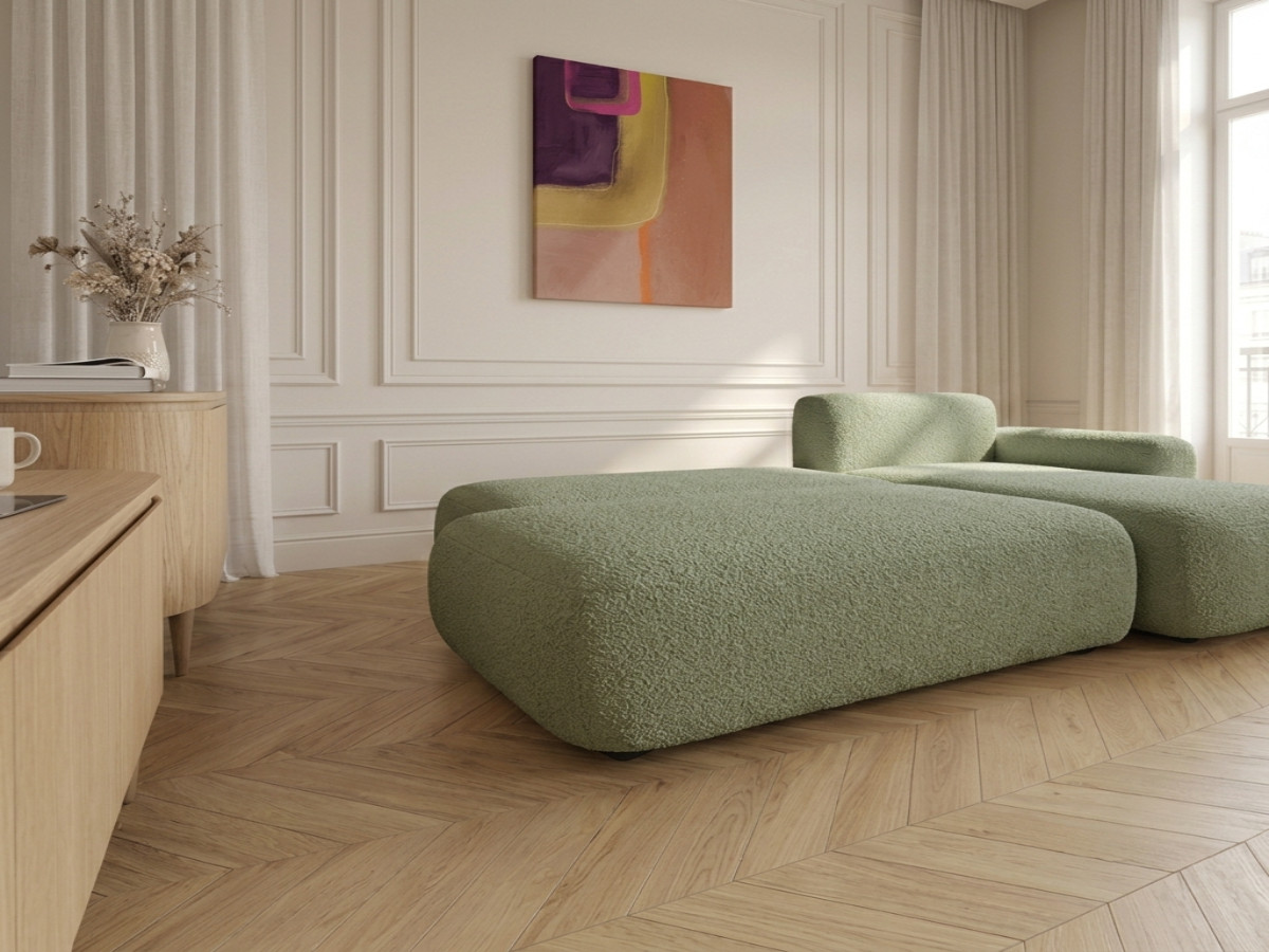 Bobochic Tango Ecksofa mit Schlaffunktion und Bettkasten Bouclé-Stoff Grün Ecke rechts