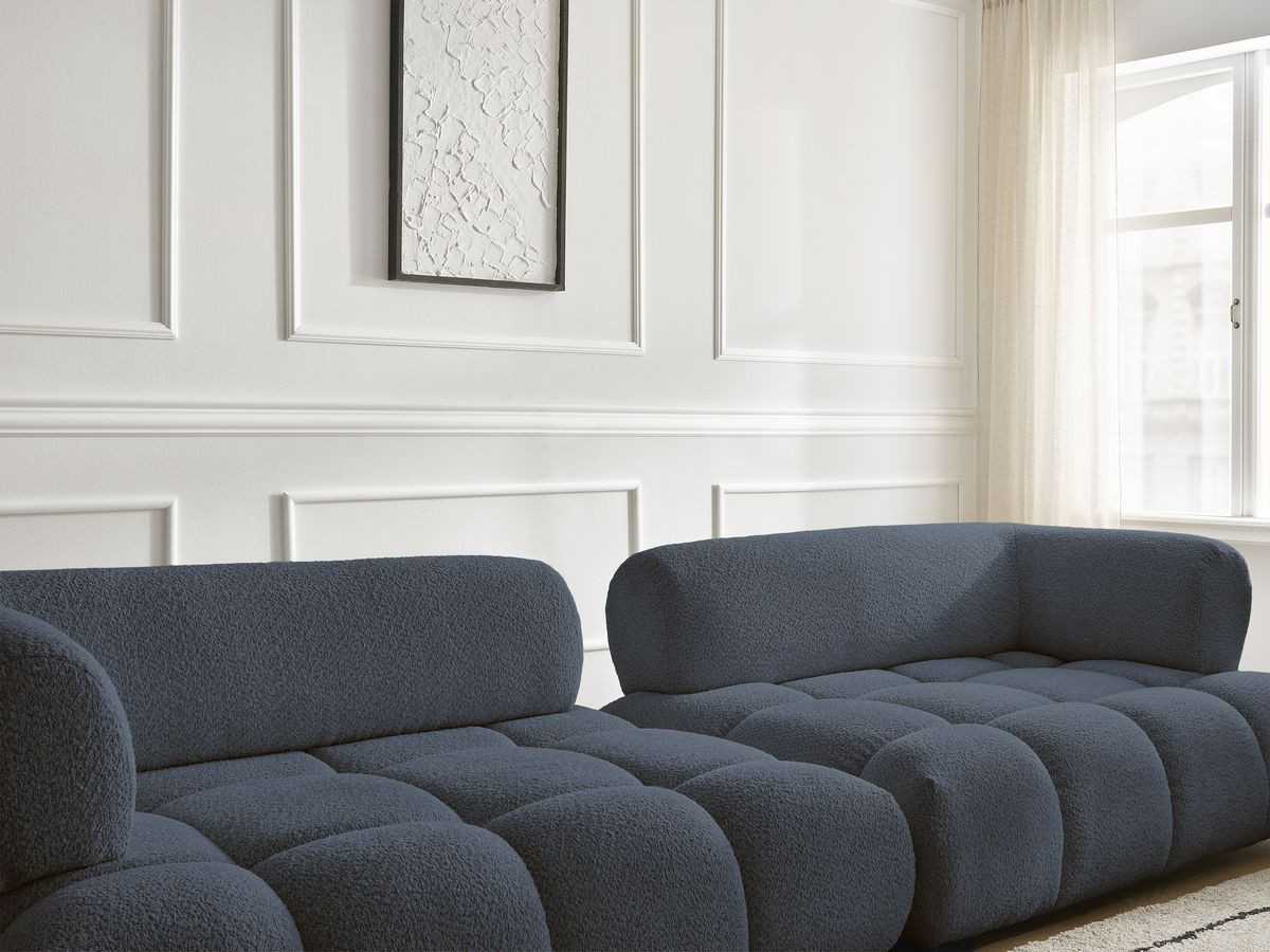 Bobochic Alya Sofa 4-Sitzer mit Pouf Bouclé-Stoff Dunkelblau